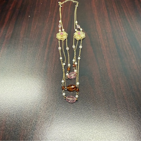 Avon Pink Frosted filigree multi strand Gold and Pink Gemstone Necklace NIB 2007 - Picture 2 of 8